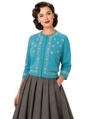 Vintage Turquoise Beaded Bee Flower Cardigan Sweater Size 8 Global Hong Kong